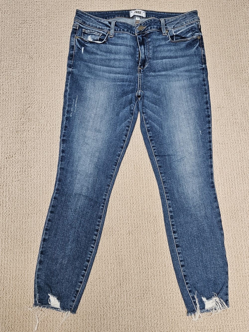 PAIGE Skinny Ankle Jeans Distressed Raw Hem Frayed Medium Wash Size 31